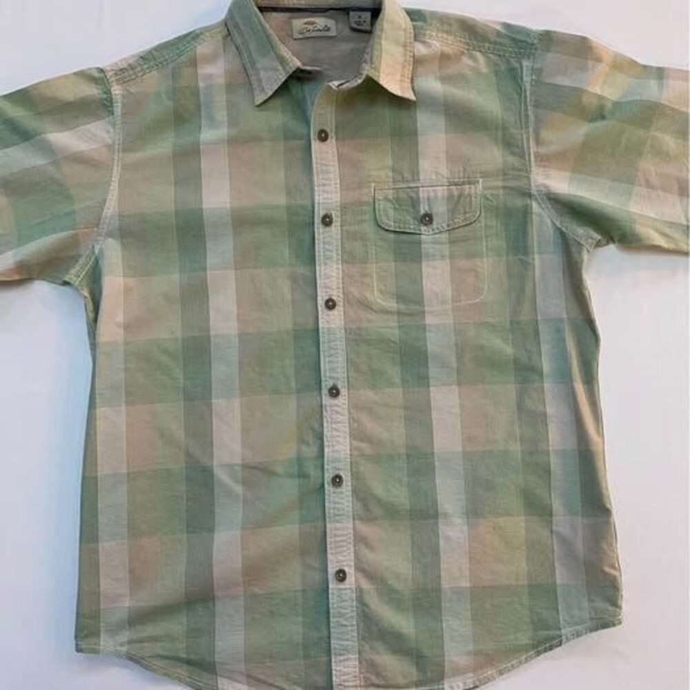 Bob Timberlake Men's Plaid Button Down Shirt Short Sleeve Green Tan Size Medium